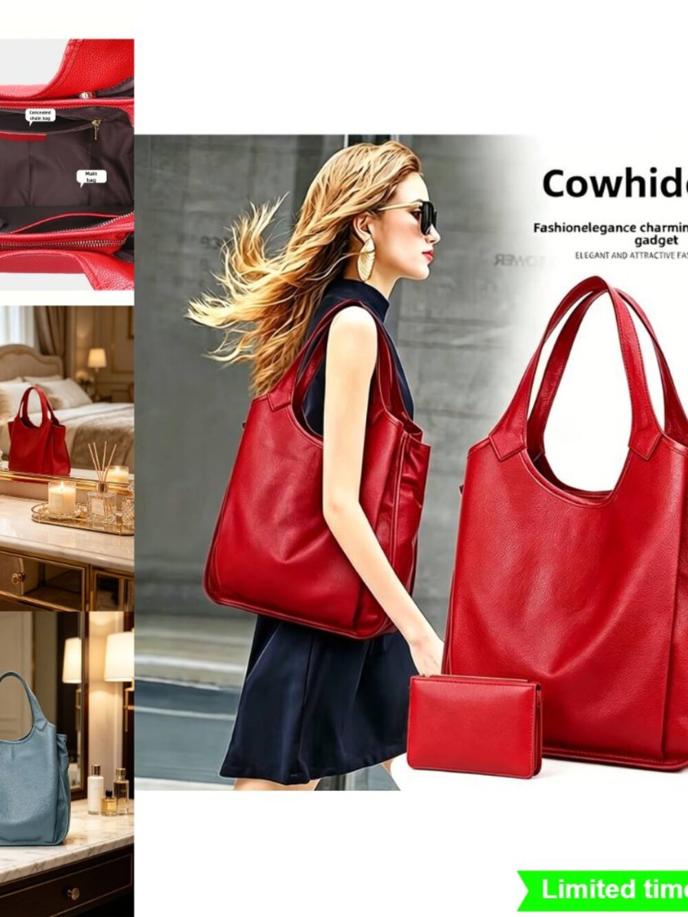 2 pcs Large Retro Tote Bags Red Artificial Leather Shoulder Bags